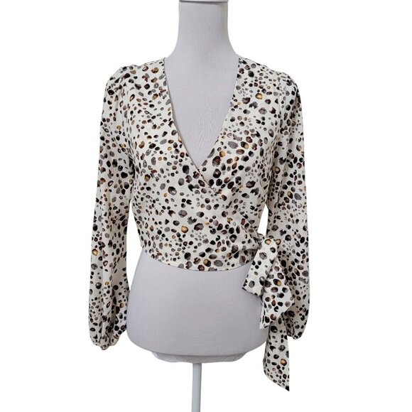 JOA Size S Ivory with Abstract Animal Pattern Cropped Wrap Blouse, Long Sleeve - Picture 4 of 15